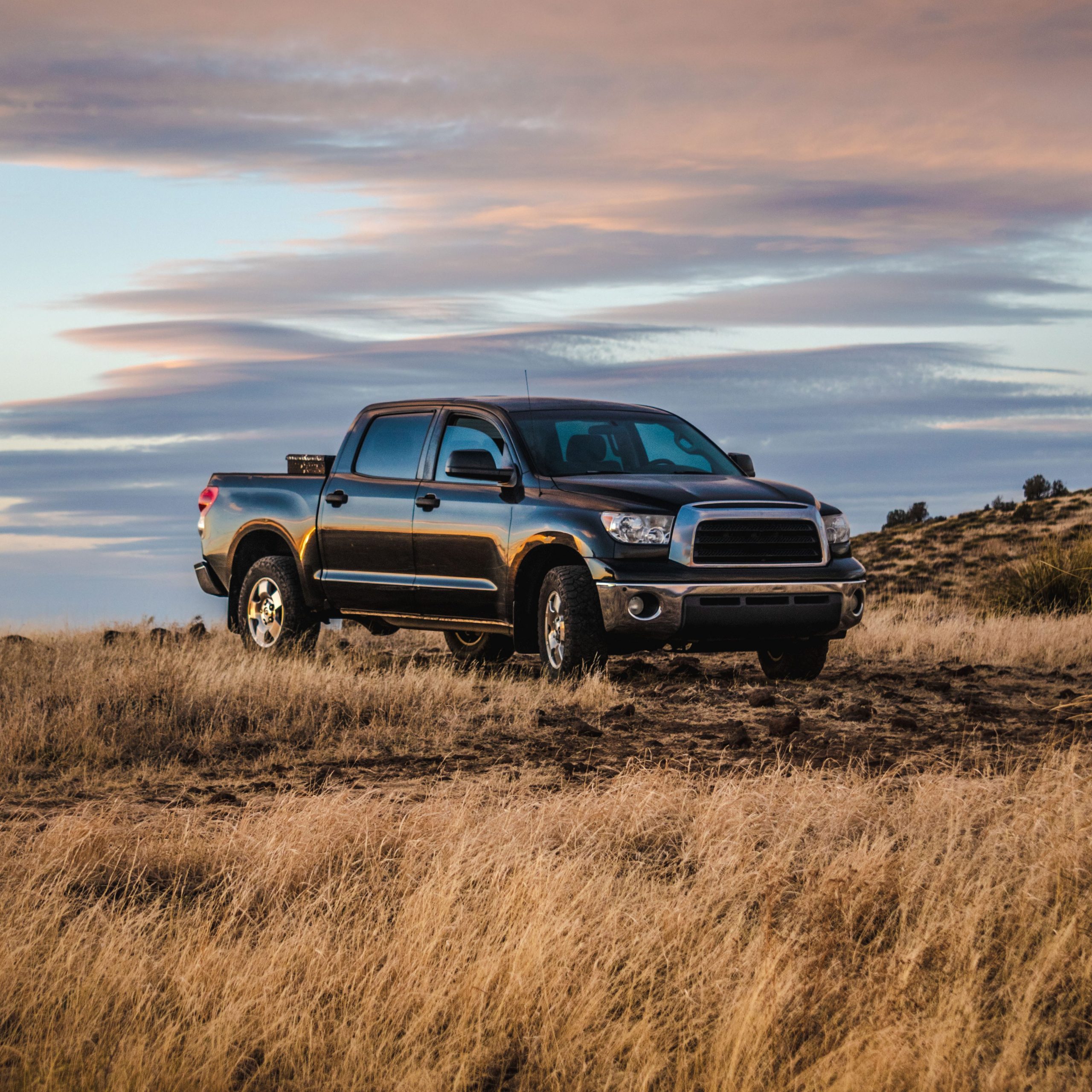 Black heavy duty truck in grass meadow  